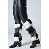 Keyifli Moda Kadın Siyah Beyaz Çizgili Peluş Tozluk - 50 cm