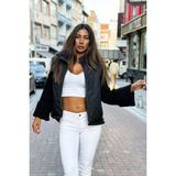 Keyifli Moda Kadın Siyah Dik Yaka Kolları Triko Cepleri Fermuarlı Şişme Mont - 40