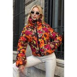 Keyifli Moda Turuncu Dik Yaka Çiçekli Kısa Şişme Mont - 36