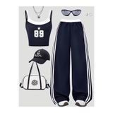 Keywest Kadın 89 Baskılı Çift Askılı Crop -Geniş Paça Eşofman Takımı Set