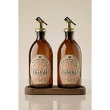 Khakma 500 ml Damlatmaz Akıllı Kapaklı Amber Cam Yağdanlık Seti 2’li Ahşap Stantlı Şık Tasarım