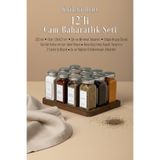 KHAKMA Ahşap Standlı 12'li Cam Baharatlık Seti | 120 ml | Gümüş Kapak Beyaz Etiket | Minimal Tasarım