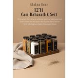 KHAKMA Ahşap Standlı 12'li Cam Baharatlık Seti | 120 ml | Siyah Kapak ve Siyah Etiketli | Minimal Tasarım