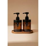 KHAKMA Ahşap Standlı 2'li Amber Cam Sabunluk Seti – El ve Bulaşık Sabunu Seti (Pompalı) - 250 ml