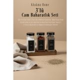 KHAKMA Ahşap Standlı 3'lü Cam Baharatlık Seti | 120 ml | Siyah Kapak ve Siayah Etiketli | Minimal Tasarım