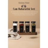 KHAKMA Ahşap Standlı 4'lü Cam Baharatlık Seti | 120 ml | Siyah Kapak ve Siayah Etiketli | Minimal Tasarım