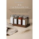 KHAKMA Ahşap Standlı 8'li Cam Baharatlık Seti | 120 ml | Gümüş Kapak Beyaz Etiket | Minimal Tasarım