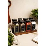 KHAKMA Ahşap Standlı 8'li Cam Baharatlık Seti | 120 ml | Siyah Kapak ve Siyah Etiketli | Minimal Tasarım