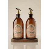 KHAKMA Ahşap Stantlı 2’li 500 ml Amber Cam Yağdanlık Seti | Damlatmaz Akıllı Kapaklı