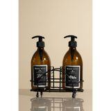 KHAKMA Home 2'li Amber Cam Sabunluk Seti 500 ml - Sünger Bölmeli Siyah Metal Stantlı Mutfak Takımı