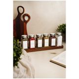 KHAKMA Uzun Ahşap Standlı 6'lı Cam Baharatlık Seti | 120 ml | Gümüş Kapak Beyaz Etiket | Minimal Tasarım