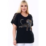 Kheos Kaplan Taş Baskılı Koldan Omzu Tül Şeritli Bisiklet Yaka Esnek Şık Ve Cool Likralı Büyük Beden Bluz