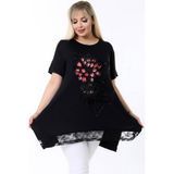 Kheos Yuvarlak Yaka Çiçek Desenli Taş Işlemeli Eteği Dantel Yırtmaçlı Asimetrik Dökümlü Kısa Kol Tunik - 46 - 48 - Siyah