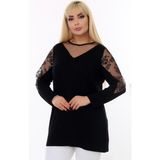 Kheos Yuvarlak Yaka Göğüs ve Omzu Tül Detay Uzun Kol Esnek Şık ve Cool Likralı Büyük Beden Bluz - Siyah - 54 - 56