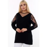 Kheos Yuvarlak Yaka Göğüs Ve Omzu Tül Detay Uzun Kol Esnek Şık Ve Cool Likralı Büyük Beden Bluz
