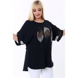 Kheos Yuvarlak Yaka Kol Ucu Tül Şeritli Tüy Taş Baskılı Esnek Şık ve Cool Likralı Büyük Beden Bluz - 42 - 44 - Siyah-BK27