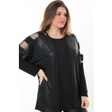 Kheos Yuvarlak Yaka Kolu Tül Pencereli Uzun Kol Önü Deri Görünümlü Taş İşlemeli Büyük Beden Bluz