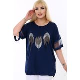 Kheos Yuvarlak Yaka Tül Şeritli Kısa Kol Yaprak Desen Taş Baskılı Rahat Likralı Esnek Büyük Beden Bluz