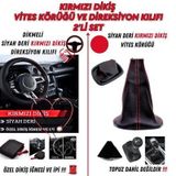 Kia Cee'd 2012-2017 Uyumlu Siyah Deri Kırmızı Dikiş Direksiyon Kılıfı ve Vites Körüğü 2'li Set