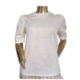KİABİ ÇOK RAHAT BEL HİZASI BALON/KARPUZ KOL ESNEK DOKUMA KREMRENGİ SIFIR YAKA TİŞÖRT BLUZ Krem M/L