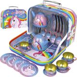 Kiddie Play Küçük kızlar için çay seti, sembolik oyun çay parti seti, tek boynuzlu at tasarım, çocuk teneke çay seti, taşıma çantalı (15 adet)