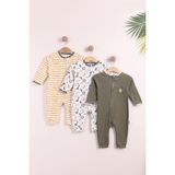 Kidello Yeşil Erkek Bebek %100 Pamuklu Fermuarlı 3'lü Filli Desenli Manşetli Tulum Seti (9AY 12AY 18AY) - 9 Ay
