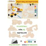 KİDEWO Çocuklar İçin Ahşap Boyama Seti | 6’lı İnşaat Makinaları | Huş Ağacı | Akrilik Boya, Fırça ve Magnet