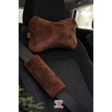 KidHug Oto Yastık + Emniyet Kemeri Koruyucu 2'li SET Peluş Yumuşacık Kahverengi Tüm Araçlarla Uyumlu