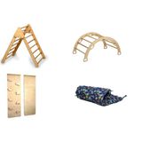 Kidoppo Pikler Tırmanma Seti ve Yastık | Montessori 3'lü Set | kemer + Üçgen + Taşlı Rampa + Flamingo Desenli Yastık - Altın