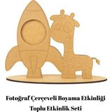 Kidose Fotoğraf Çerçeve Tasarım Etkinlik - Zürafa ve Roket Boyama - Ahşap Tasarım Seti - Çok Renkli