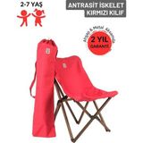 Kids Ahşap Katlanır Kamp & Bahçe Sandalyesi – Antrasit İskelet - Kırmızı Kılıf