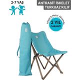 Kids Ahşap Katlanır Kamp & Bahçe Sandalyesi – Antrasit İskelet - Turkuaz Kılıf
