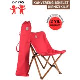 Kids Ahşap Katlanır Kamp & Bahçe Sandalyesi – Kahverengi İskelet - Kırmızı Kılıf