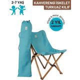 Kids Ahşap Katlanır Kamp & Bahçe Sandalyesi – Kahverengi İskelet - Turkuaz Kılıf