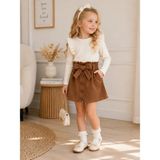 Kids Çocuk Yeni Sezon Kız Çocuk Fırfırlı Uzun Kollu Bluz & Kadife Etek Takım - Kahverengi - Krem - 3 - 4 Yaş