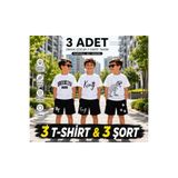 Kids Erkek Çocuk 3'lü T-Shirt Şort Takımı - %100 Pamuklu Brooklyn, King ve Dinozor Temalı Yazlık Set 2-10 yaş