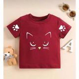 Kids Face Bisiklet Yaka Kedicik Pati Baskılı Pamuk Oversize Kız Çocuk T-Shirt - 12 Yaş - Kırmızı