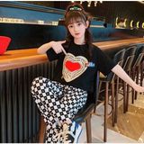 Kids Face Kalp Baskılı Pamuk Yeni Trend Kız Çocuk T-Shirt - Siyah - 9 Yaş