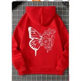 Kids Face Kapüşonlu Beyaz Kelebek Sırt Baskılı 3 İplik Şardonlu Kışlık Kız Çocuk Sweatshirt - Kırmızı - 2 Yaş