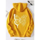 Kids Face Kapüşonlu Beyaz Kelebek Sırt Baskılı 3 İplik Şardonlu Kışlık Kız Çocuk Sweatshirt - Sarı - 8 Yaş