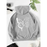 Kids Face Kapüşonlu Beyaz Kelebek Sırt Baskılı 3 İplik Şardonlu Pamuk Kız Çocuk Sweatshirt - Gri - 5 Yaş