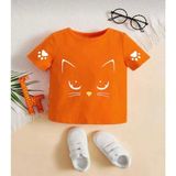 Kids Face Kedicik Pati Baskılı Pamuk Oversize Kız Çocuk T-Shirt - 5 Yaş - Turuncu