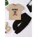 Kids Face Özel Tasarım Astronot Ayıcık Baskılı Kısa Kollu Yazlık Erkek Çocuk Eşofman Takımı - 18 Yaş - Bej - Siyah