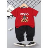 Kids Face Özel Tasarım Astronot Ayıcık Nasa Baskılı Kısa Kollu Yazlık Erkek Çocuk Eşofman Takımı - Kırmızı - Siyah - 1 Yaş