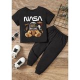 Kids Face Özel Tasarım Astronot Ayıcık Nasa Baskılı Kısa Kollu Yazlık Erkek Çocuk Eşofman Takımı - Siyah - 8 Yaş