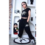 Kids Face Özel Tasarım Athletic Baskılı %100 Pamuk Sokak Stili Hip Hop Kısa Kollu Yazlık Kız Çocuk Crop Eşofman Takımı - Siyah - 11 Yaş