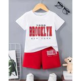 Kids Face Özel Tasarım Bisiklet Yaka Brooklyn Baskılı Erkek Çocuk Trend T-Shırt Şort Takımı - Beyaz - Kırmızı - 9 Yaş