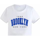 Kids Face Özel Tasarım Brooklyn Renkli Motto Baskılı %100 Pamuk Sokak Modası Kız Çocuk Crop T-Shırt - 5 Yaş - Beyaz - Mavi