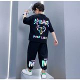 Kids Face Özel Tasarım Good Luck Sırt Baskılı Pamuk Kısa Kollu Yazlık Erkek Çocuk Eşofman Takımı - 15 Yaş - Siyah