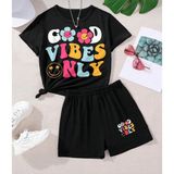 Kids Face Özel Tasarım Good Vibes Only Baskılı Yeni Trend Kız Çocuk T-Shırt Şort Takımı - Siyah - 7 Yaş
